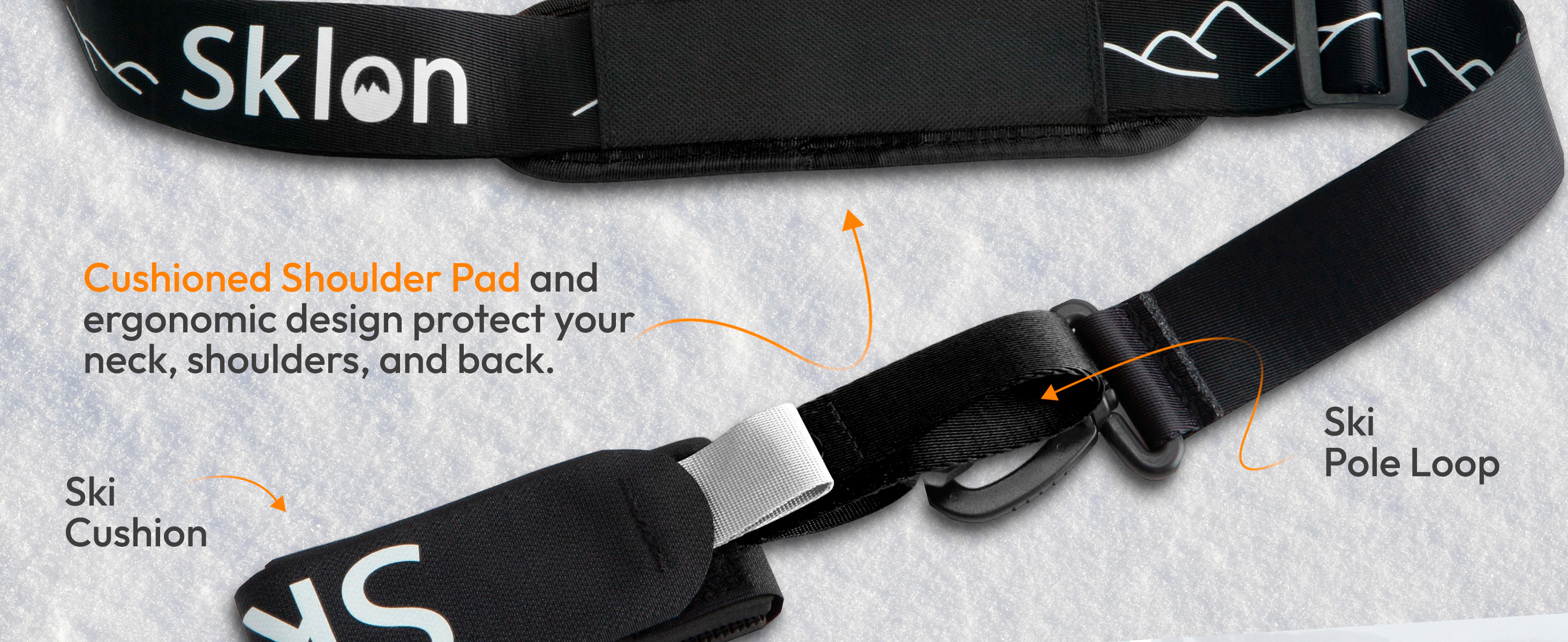 Cushioned shoulder pad, ski cushion and ski pole loop details