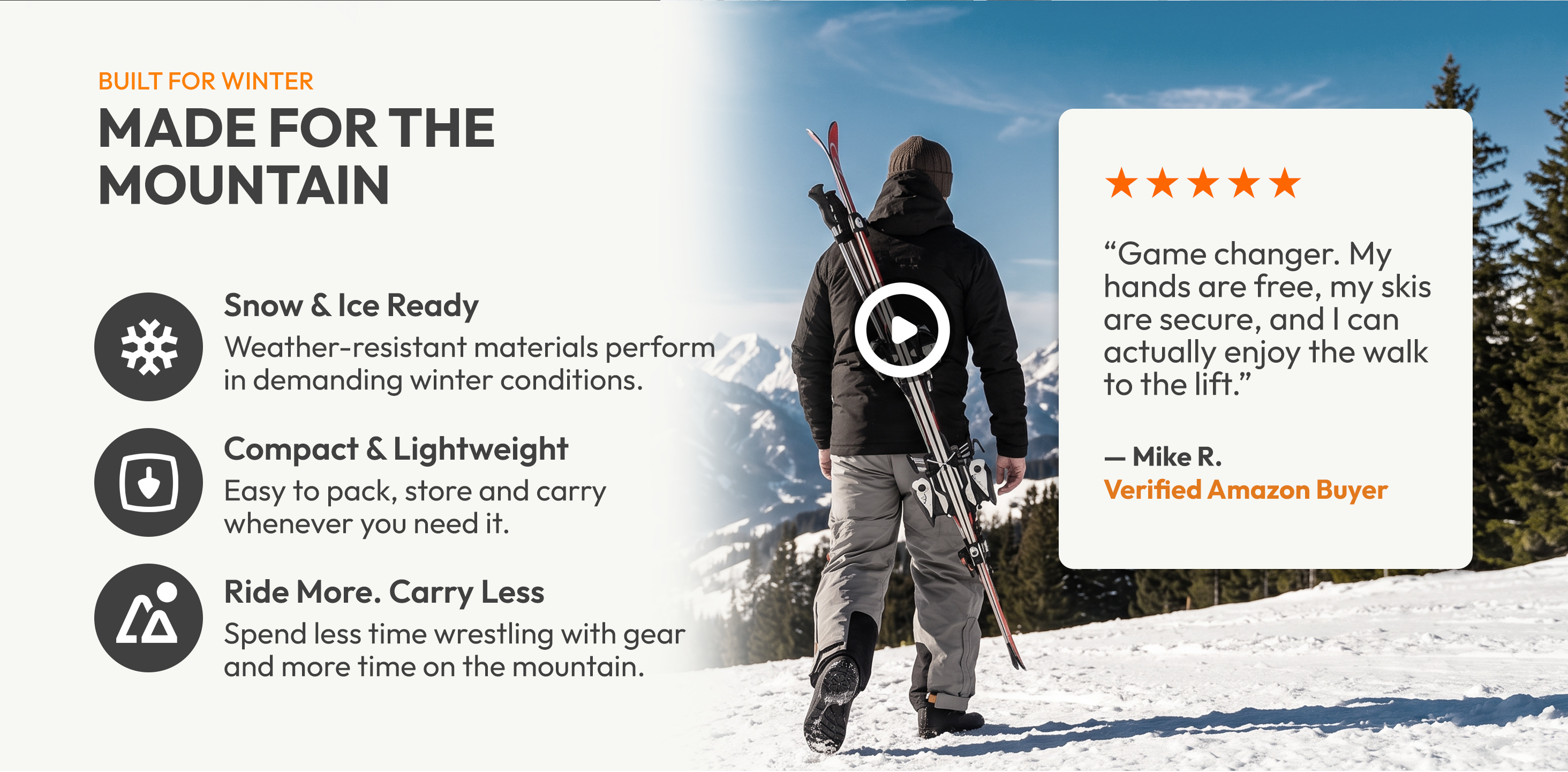 Made for the mountain: winter-ready, compact and lightweight Sklon Ski Carrier with verified Amazon buyer review